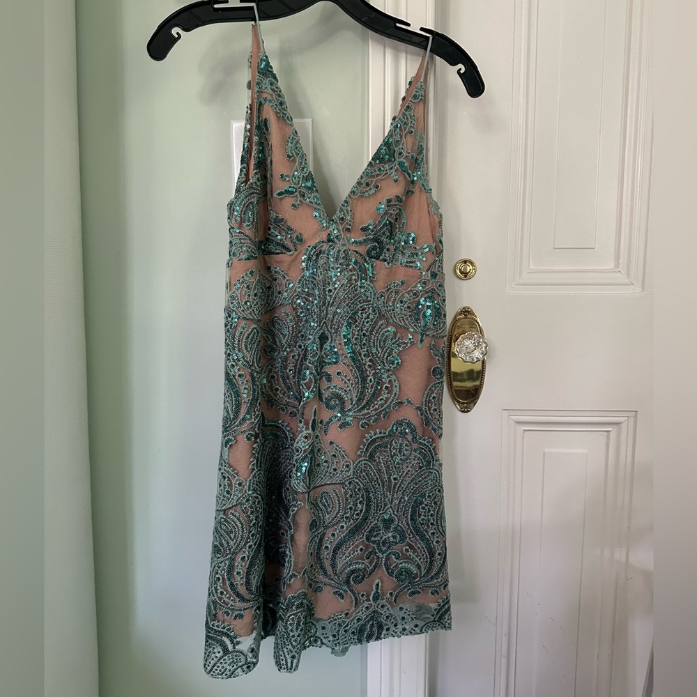 Free People Sparkle Night Shimmers Teal Mini Dress